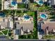 Overhead view of a property with a pool, lush landscaping, and neighboring homes in a residential area at 3531 E Norwood Cir, Mesa, AZ 85213