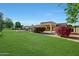 Expansive backyard with lush green lawn, vibrant landscaping, and a covered patio, perfect for outdoor living at 3531 E Norwood Cir, Mesa, AZ 85213
