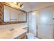 Bathroom featuring a vanity sink and framed mirror, alongside a glass-enclosed shower at 1446 E Oxford Ln, Gilbert, AZ 85295