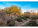 Desert backyard featuring a wooden pergola and desert plants, bushes and trees with views of mountains in the distance at 25002 N Quail Haven Dr, Rio Verde, AZ 85263