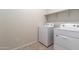 Functional laundry room with modern washer and dryer and shelving above at 3029 S 78Th Dr, Phoenix, AZ 85043