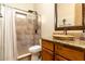 Full bathroom featuring granite counters, vessel sink, and a walk-in shower with tiled accents at 10142 E La Palma Ave, Gold Canyon, AZ 85118