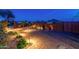 Inviting front yard with desert landscaping, artistic lighting, and paved driveway leading to the home at 10142 E La Palma Ave, Gold Canyon, AZ 85118