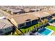 This is an aerial view showing a backyard with artificial grass and pool, complete with covered patio and landscaping at 26199 S 227Th St, Queen Creek, AZ 85142
