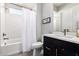 Bathroom featuring a shower over tub, subway tile and vanity sink at 26199 S 227Th St, Queen Creek, AZ 85142