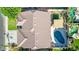 Aerial view of a private backyard with a sparkling pool, covered patio, and lush green landscaping, perfect for outdoor living at 741 W Harvard Ave, Gilbert, AZ 85233