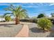 Well-maintained backyard with mature landscaping, a wooden deck, and decorative rock at 10025 W Alabama Ave, Sun City, AZ 85351