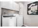 This laundry room features cabinetry, a picture, and a matching washer and dryer set at 1600 N Saba St # 191, Chandler, AZ 85225