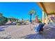 Beautiful backyard with palm trees, a waterfall feature, and lounge chairs under colorful umbrellas at 16409 W Alvarado Dr, Goodyear, AZ 85395