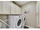 Functional laundry room with white cabinets, washer, and dryer at 17138 W Las Palmaritas Dr, Waddell, AZ 85355