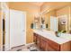 Bathroom boasts a vanity with cherry cabinets, white countertops, and a large mirror at 25609 N 54Th Ln, Phoenix, AZ 85083