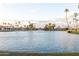 Scenic view of the pond surrounded by lush landscaping, homes, and palm trees at 26649 S Howard Dr, Sun Lakes, AZ 85248