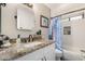 Bathroom featuring an updated vanity with granite top, white subway tiles and modern fixtures at 3034 N Ricardo --, Mesa, AZ 85215