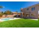 Beautiful backyard featuring green turf, a private pool, and covered patio at 4216 E Tether Trl, Phoenix, AZ 85050