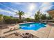 Tranquil backyard pool with diving board, surrounded by mature landscaping, providing a private outdoor oasis for swimming and lounging at 4409 E Gelding Dr, Phoenix, AZ 85032