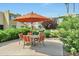 Outdoor seating area with red and orange cushioned chairs around a patio table at 4620 N 68Th St # 111, Scottsdale, AZ 85251