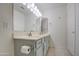 Bathroom featuring a double sink vanity with a large mirror and tile flooring at 792 W Nolan Way, Chandler, AZ 85248