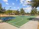 Outdoor basketball court with green surface, blue accents, hoops, and lighting for evening games at 8554 W Trenton Ct, Florence, AZ 85132