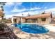 Backyard oasis featuring a private pool, rock garden, and a covered patio, perfect for outdoor relaxation and entertaining at 5043 W Christy Dr, Glendale, AZ 85304