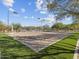 Sandy volleyball court surrounded by green grass, blue net, and cloud filled sky at 8506 W Trenton Ct, Florence, AZ 85132