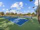 Community pickleball courts feature a green surface, blue play areas, black fencing and tall lights at 8560 W Trenton Ct, Florence, AZ 85132