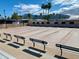 Community shuffleboard court surrounded by benches and beautiful palm trees under the bright blue sky at 624 Hawk Eye Dr, Apache Junction, AZ 85119