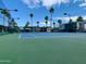 Outdoor tennis court surrounded by nets and beautiful palm trees under the bright blue sky at 624 Hawk Eye Dr, Apache Junction, AZ 85119