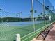 Outdoor tennis court surrounded by a chain link fence and beautiful palm trees under the bright blue sky at 624 Hawk Eye Dr, Apache Junction, AZ 85119