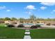 Private fenced backyard featuring a sparkling swimming pool and green grass at 7848 E Parkview Ln, Scottsdale, AZ 85255