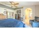 Bright main bedroom boasting a ceiling fan, closet, and ensuite bathroom access with neutral decor at 8984 E Sutton Dr, Scottsdale, AZ 85260