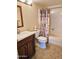 A full bathroom with tile floors, a wood vanity, and a shower-tub combo with a palm-themed curtain at 904 Leisure World --, Mesa, AZ 85206