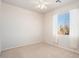 Well-lit bedroom with neutral paint, plush carpet, and a large window covered by sheer curtains at 18123 W Hayden Dr, Surprise, AZ 85374