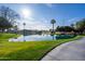 Scenic community pond surrounded by lush green grass, mature trees, and manicured landscaping at 54 Leisure World --, Mesa, AZ 85206