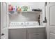 Washer and dryer in a laundry closet with wire shelving for storage at 7009 E Acoma Dr # 1113, Scottsdale, AZ 85254
