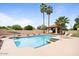 Backyard swimming pool with a cabana, palm trees, volleyball net, and lounge chairs for luxury and fun at 7820 S Maple Ave, Tempe, AZ 85284