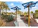 Landscaped backyard with stone pathway and modern overhead lighting at 10417 N 180Th Dr, Waddell, AZ 85355