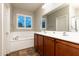 A bright bathroom features double sinks, large window with shutters, and a separate bathtub at 17507 W Fetlock Trl, Surprise, AZ 85387