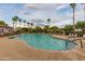 Resort-style community pool with palm trees and plenty of lounge seating for relaxation at 17507 W Fetlock Trl, Surprise, AZ 85387