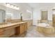 Bright bathroom with double vanity, soaking tub, and glass block window for natural light at 2428 E Iris Dr, Chandler, AZ 85286