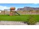 A lush backyard features synthetic grass and a playset in this backyard in Arizona at 2775 S Baker Dr, Apache Junction, AZ 85119