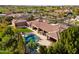 An aerial view of the property, showcasing the beautiful pool, patio, and lush landscaping at 3937 E Norcroft Cir, Mesa, AZ 85215