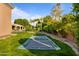 Manicured backyard featuring a trampoline and lush landscaping, providing a private and serene outdoor space at 3937 E Norcroft Cir, Mesa, AZ 85215