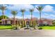 Beautiful front elevation of the home with manicured landscaping, mature palm trees, and fountain at 3937 E Norcroft Cir, Mesa, AZ 85215