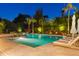 A luxurious swimming pool with a rock waterfall feature and surrounding palm trees at 3937 E Norcroft Cir, Mesa, AZ 85215