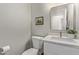 Cozy powder bathroom features a modern vanity, decorative mirror, and toilet at 4171 E Dublin Ct, Gilbert, AZ 85295