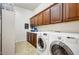 Spacious laundry room equipped with modern washer and dryer units, ample storage, and countertops at 17991 N 95Th St, Scottsdale, AZ 85255