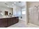 Bathroom featuring a separate shower, soaking tub, dark cabinets and large mirror, creating a luxurious and relaxing space at 21407 W Hubbell St, Buckeye, AZ 85396