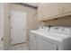 Well-lit laundry room features a modern washer and dryer, storage cabinets, and convenient access door at 15542 W Cypress Point Dr, Surprise, AZ 85374