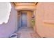 Inviting front porch with a stylish gray front door, decorative plants, and warm lighting at 42297 W Lunar St, Maricopa, AZ 85138