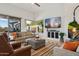 Stylish living room with modern furniture, TV, fireplace, and a view of the outdoors at 10951 E Mirasol Cir, Scottsdale, AZ 85255